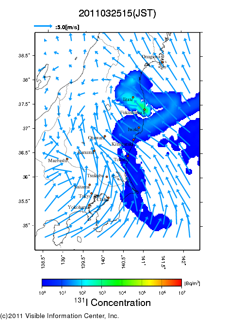 地表付近 大気中濃度分布[Bq/m3]　2011-03-25 15時