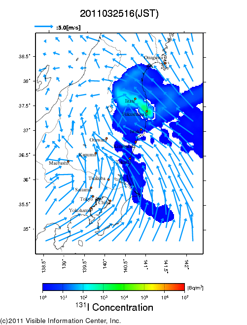 地表付近 大気中濃度分布[Bq/m3]　2011-03-25 16時