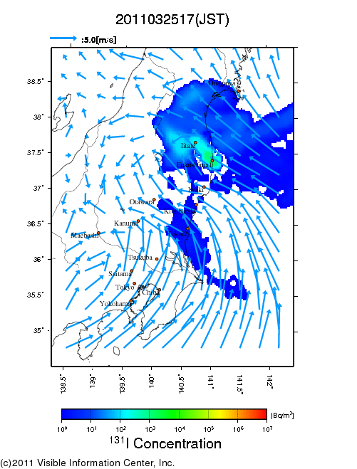 地表付近 大気中濃度分布[Bq/m3]　2011-03-25 17時