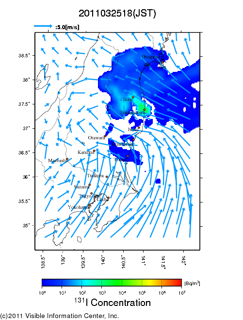 地表付近 大気中濃度分布[Bq/m3]　2011-03-25 18時