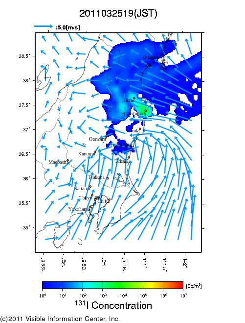 地表付近 大気中濃度分布[Bq/m3]　2011-03-25 19時