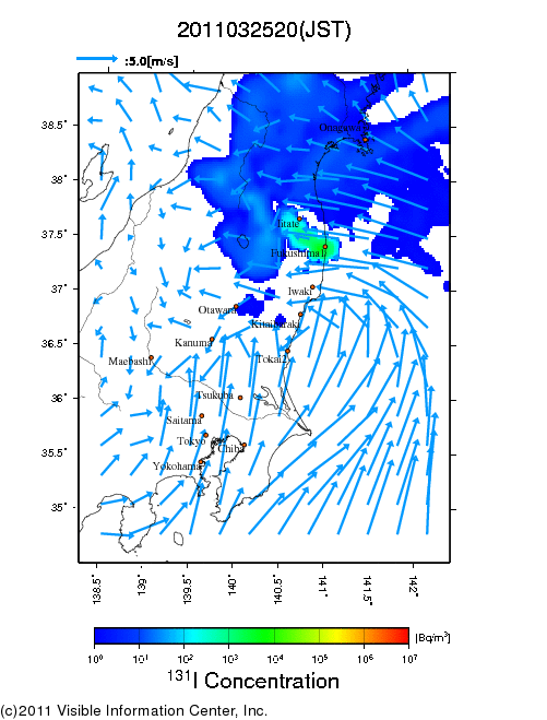 地表付近 大気中濃度分布[Bq/m3]　2011-03-25 20時