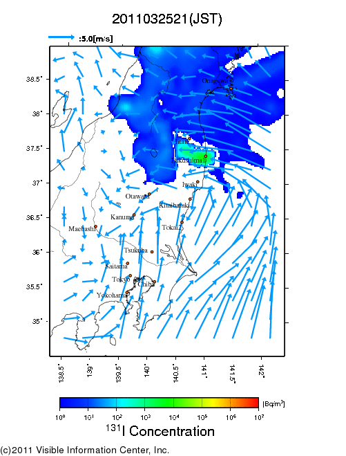 地表付近 大気中濃度分布[Bq/m3]　2011-03-25 21時