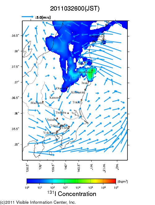 地表付近 大気中濃度分布[Bq/m3]　2011-03-26 00時