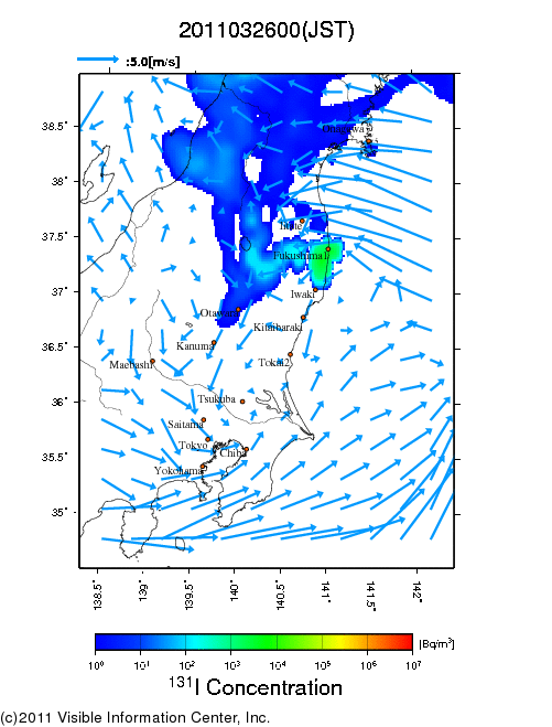 Ground level air concentration [Bq/m3] 2011-03-26 00