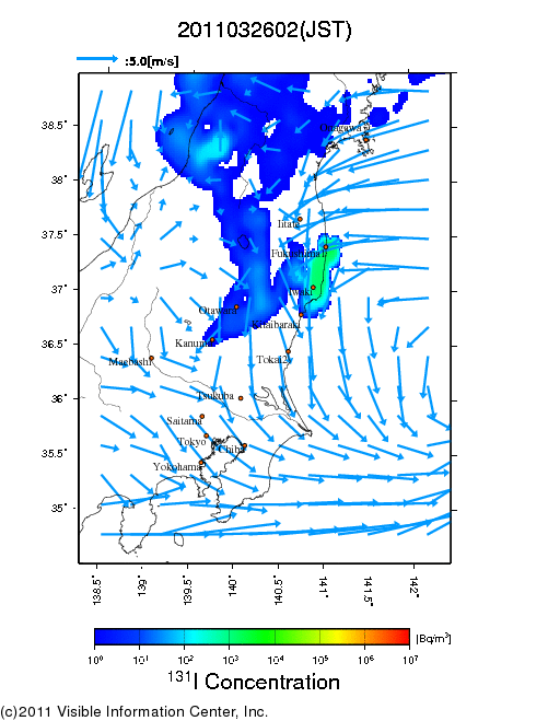 大気中濃度分布[Bq/m3]　2011032602
