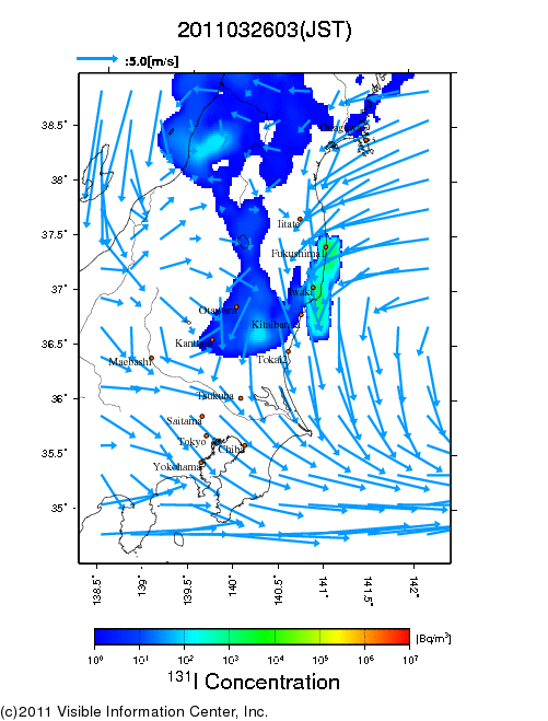 大気中濃度分布[Bq/m3]　2011032603