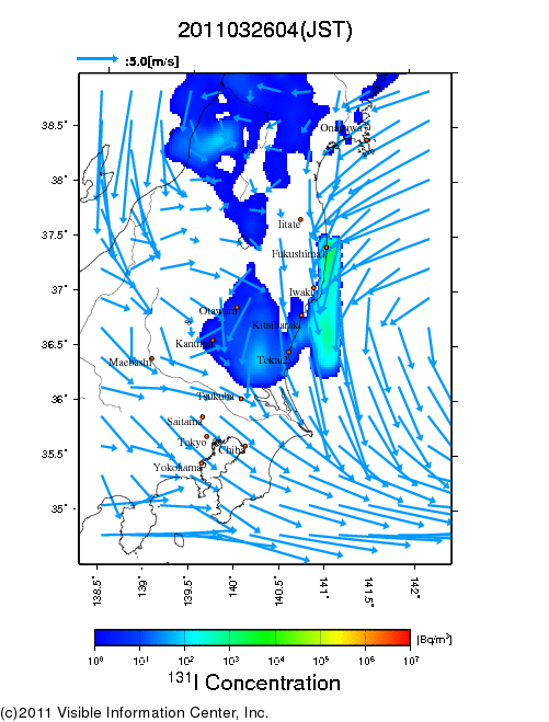大気中濃度分布[Bq/m3]　2011032604