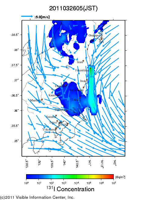 地表付近 大気中濃度分布[Bq/m3]　2011-03-26 05時