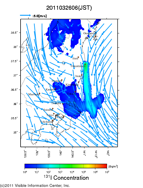 地表付近 大気中濃度分布[Bq/m3]　2011-03-26 06時