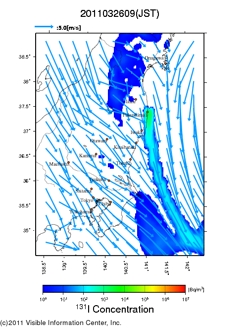 地表付近 大気中濃度分布[Bq/m3]　2011-03-26 09時