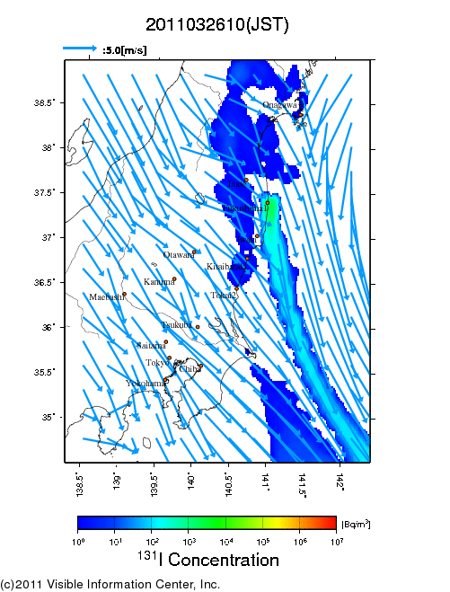 地表付近 大気中濃度分布[Bq/m3]　2011-03-26 10時