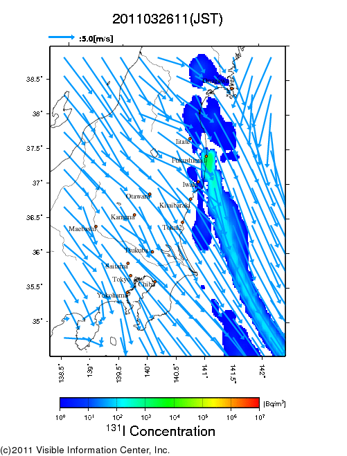 地表付近 大気中濃度分布[Bq/m3]　2011-03-26 11時