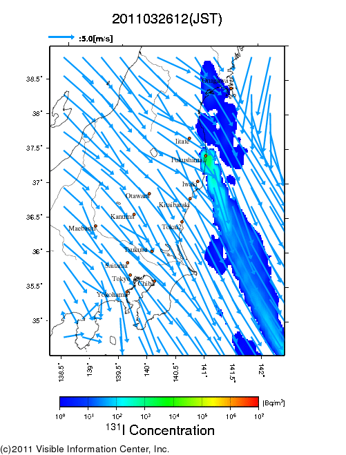 地表付近 大気中濃度分布[Bq/m3]　2011-03-26 12時