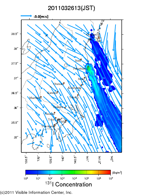 地表付近 大気中濃度分布[Bq/m3]　2011-03-26 13時