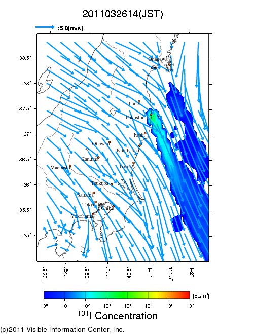 地表付近 大気中濃度分布[Bq/m3]　2011-03-26 14時