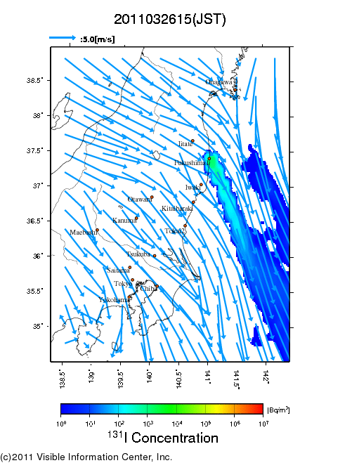 地表付近 大気中濃度分布[Bq/m3]　2011-03-26 15時