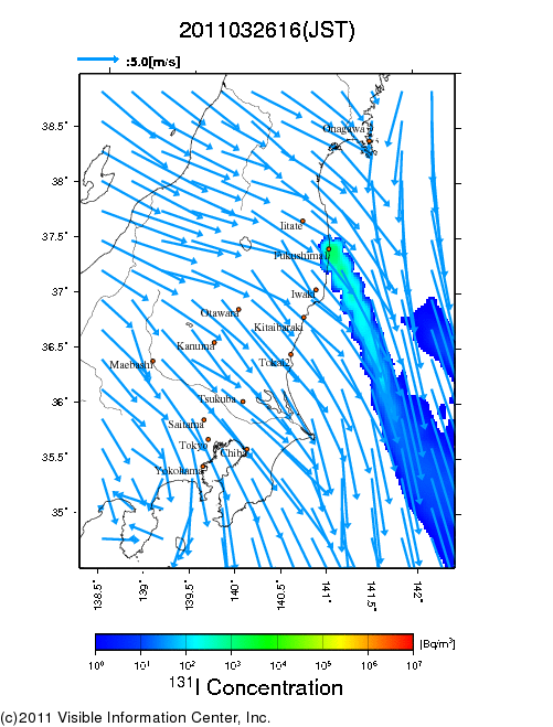 地表付近 大気中濃度分布[Bq/m3]　2011-03-26 16時