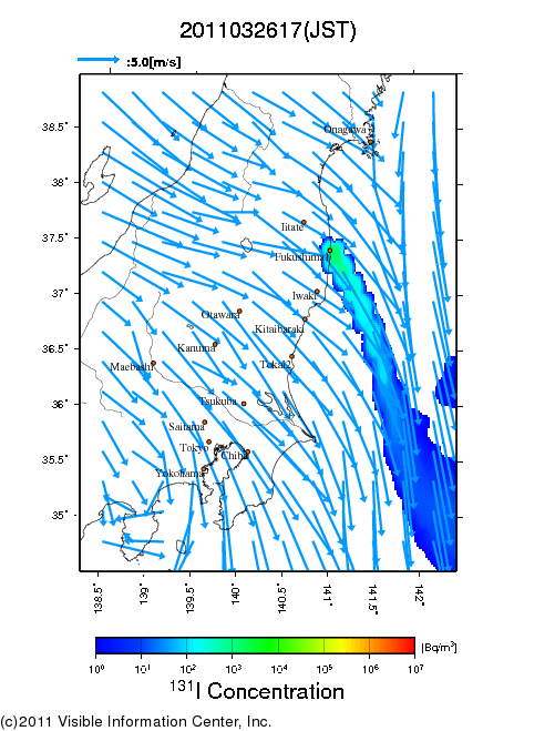 地表付近 大気中濃度分布[Bq/m3]　2011-03-26 17時