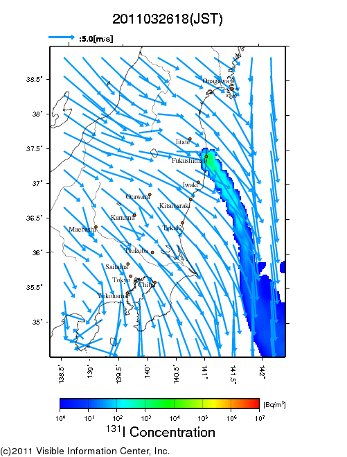 地表付近 大気中濃度分布[Bq/m3]　2011-03-26 18時