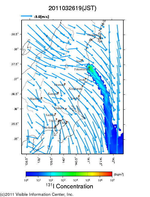 大気中濃度分布[Bq/m3]　2011032619