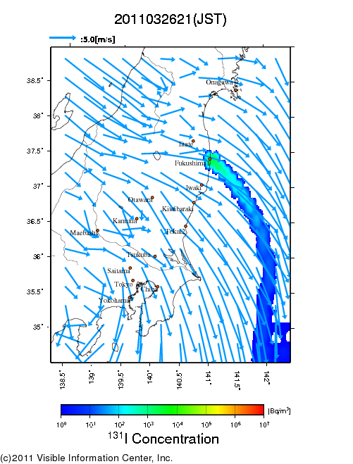 地表付近 大気中濃度分布[Bq/m3]　2011-03-26 21時