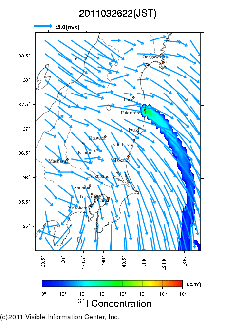 地表付近 大気中濃度分布[Bq/m3]　2011-03-26 22時