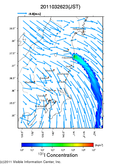 地表付近 大気中濃度分布[Bq/m3]　2011-03-26 23時