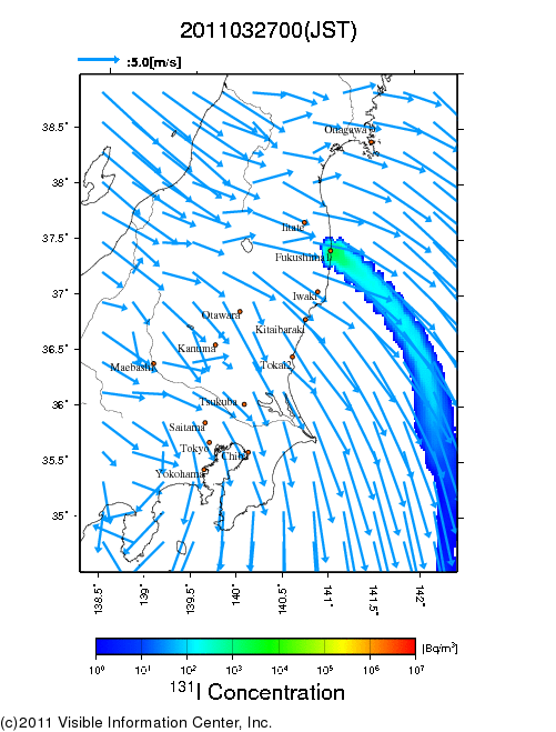 地表付近 大気中濃度分布[Bq/m3]　2011-03-27 00時