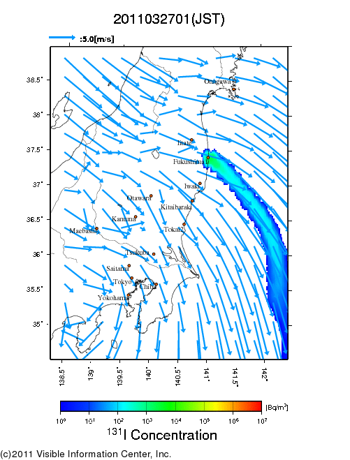 地表付近 大気中濃度分布[Bq/m3]　2011-03-27 01時