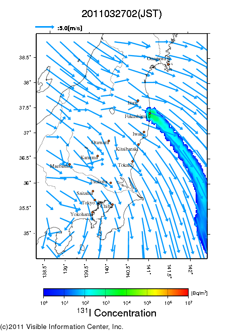 地表付近 大気中濃度分布[Bq/m3]　2011-03-27 02時