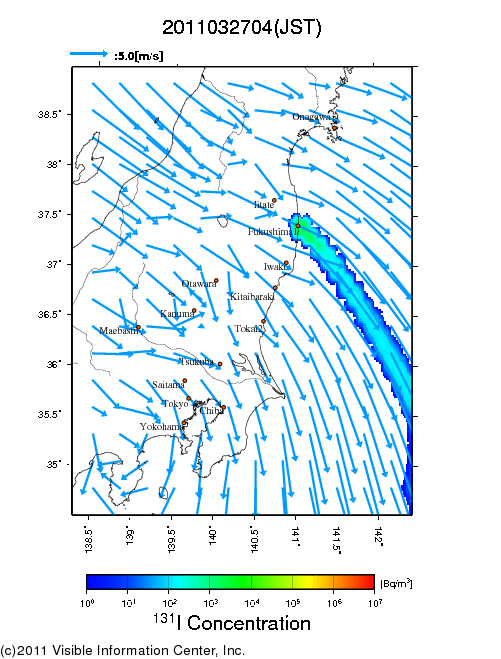 地表付近 大気中濃度分布[Bq/m3]　2011-03-27 04時