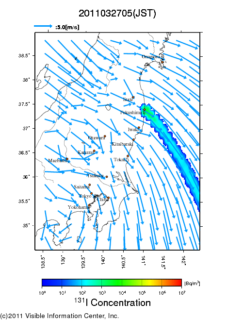 地表付近 大気中濃度分布[Bq/m3]　2011-03-27 05時