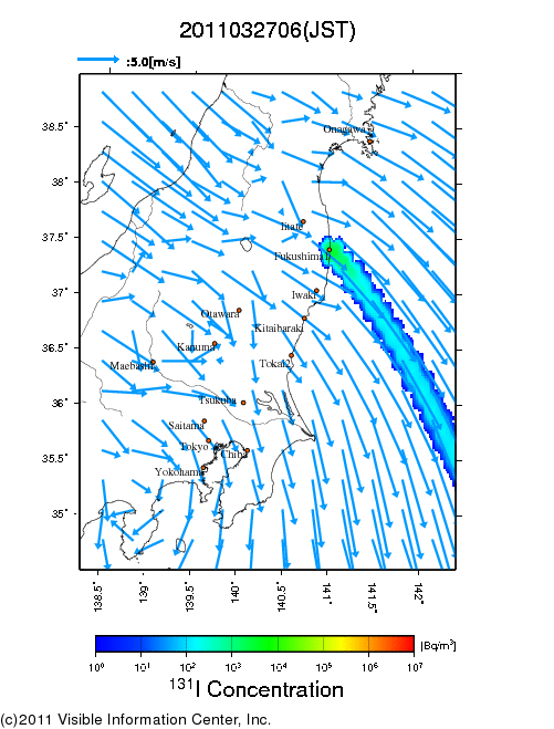 地表付近 大気中濃度分布[Bq/m3]　2011-03-27 06時