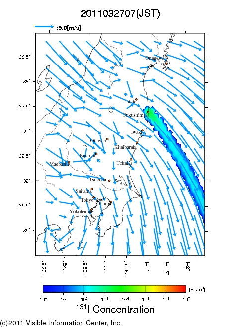 地表付近 大気中濃度分布[Bq/m3]　2011-03-27 07時