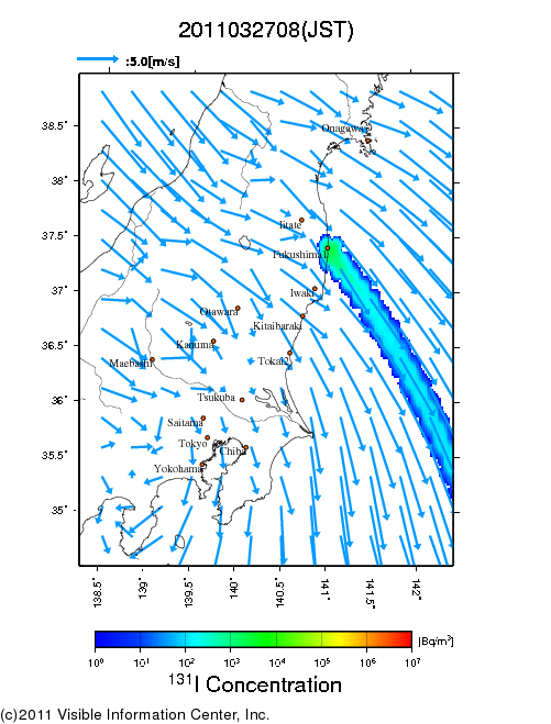 大気中濃度分布[Bq/m3]　2011032708