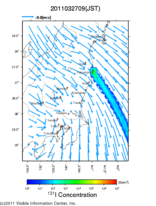 地表付近 大気中濃度分布[Bq/m3]　2011-03-27 09時