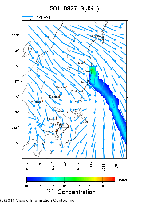 地表付近 大気中濃度分布[Bq/m3]　2011-03-27 13時