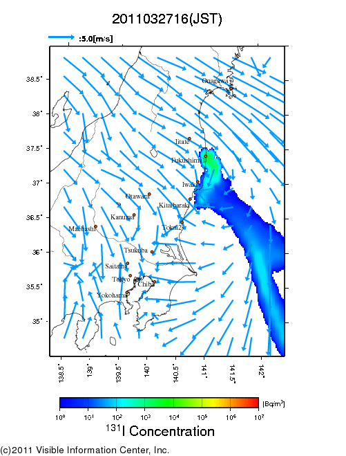 地表付近 大気中濃度分布[Bq/m3]　2011-03-27 16時