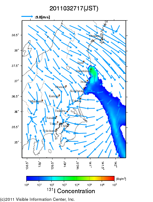 大気中濃度分布[Bq/m3]　2011032717