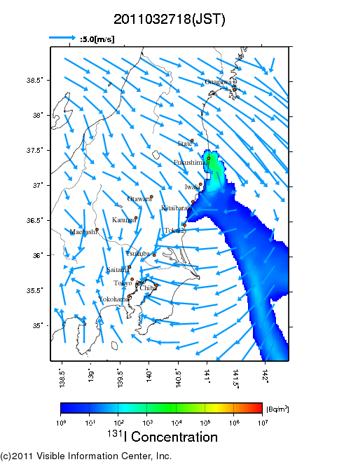 地表付近 大気中濃度分布[Bq/m3]　2011-03-27 18時