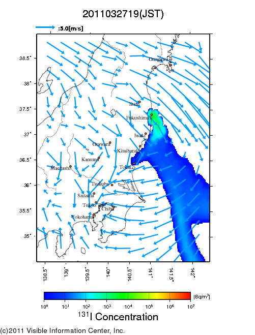 地表付近 大気中濃度分布[Bq/m3]　2011-03-27 19時