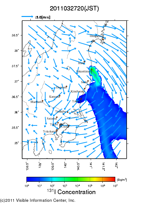 地表付近 大気中濃度分布[Bq/m3]　2011-03-27 20時