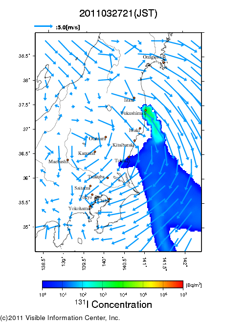 地表付近 大気中濃度分布[Bq/m3]　2011-03-27 21時