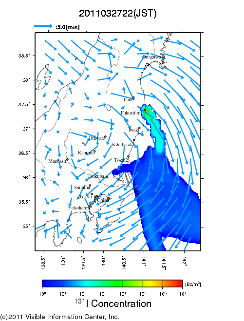 地表付近 大気中濃度分布[Bq/m3]　2011-03-27 22時