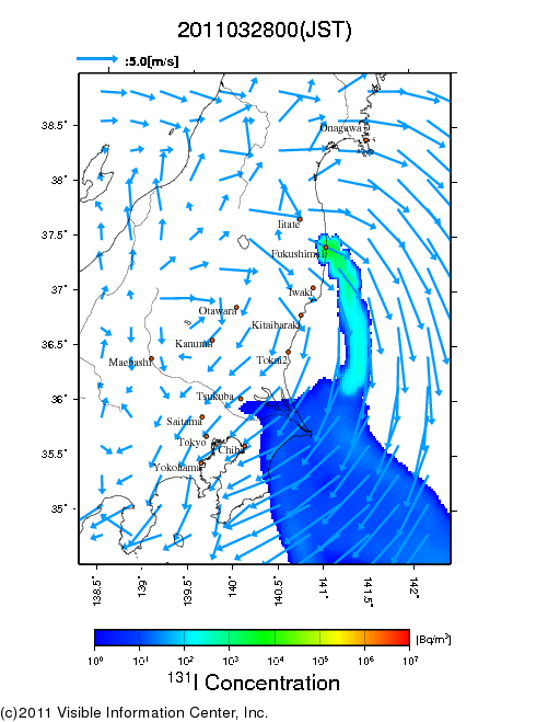 地表付近 大気中濃度分布[Bq/m3]　2011-03-28 00時