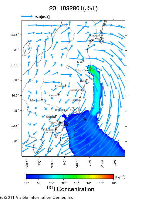 地表付近 大気中濃度分布[Bq/m3]　2011-03-28 01時