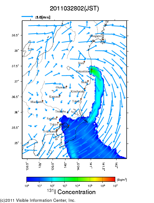 地表付近 大気中濃度分布[Bq/m3]　2011-03-28 02時