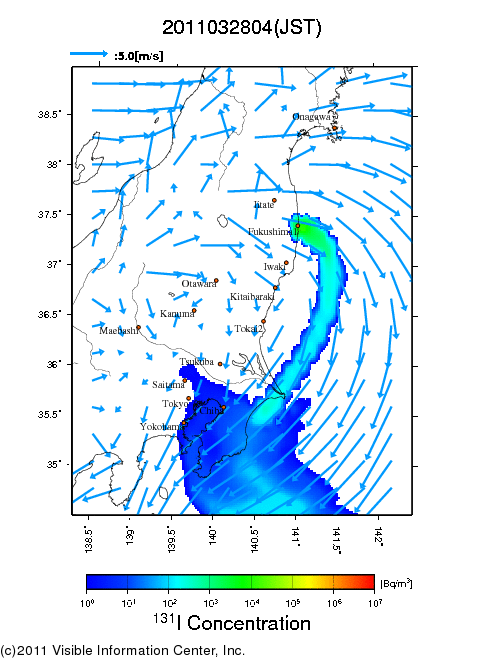 大気中濃度分布[Bq/m3]　2011032804
