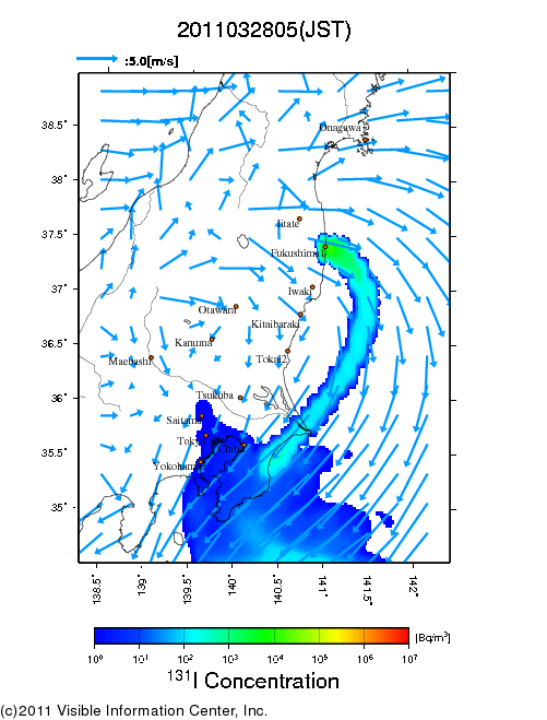 地表付近 大気中濃度分布[Bq/m3]　2011-03-28 05時